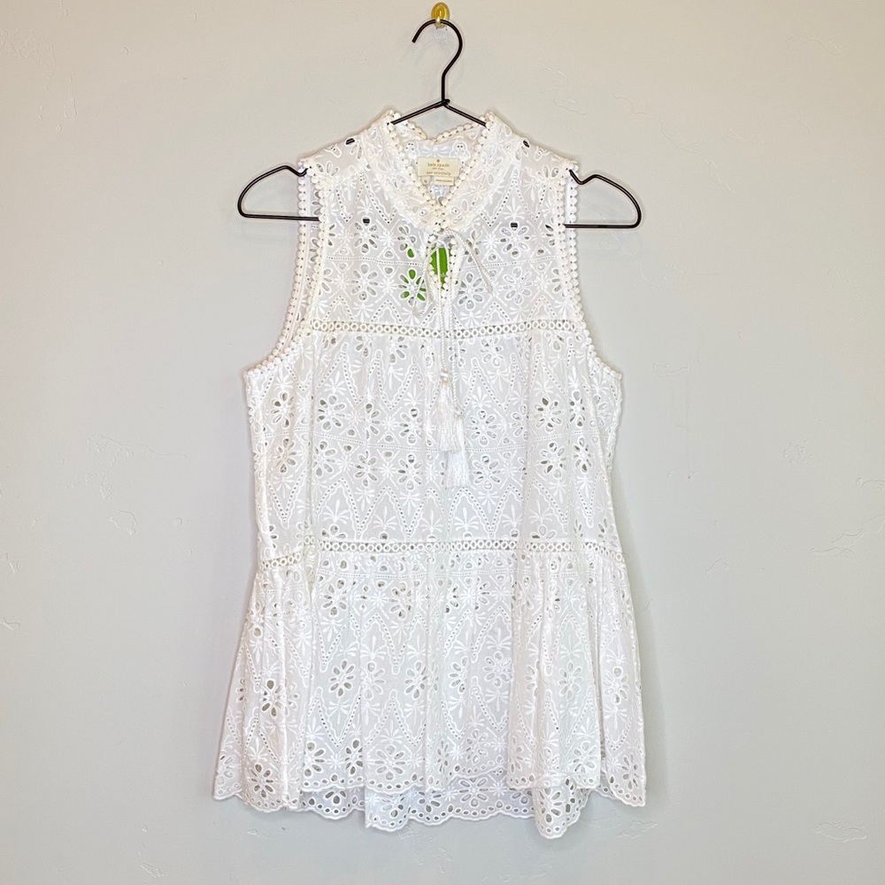 KATE SPADE White Eyelet Tassel Sleeveless Top